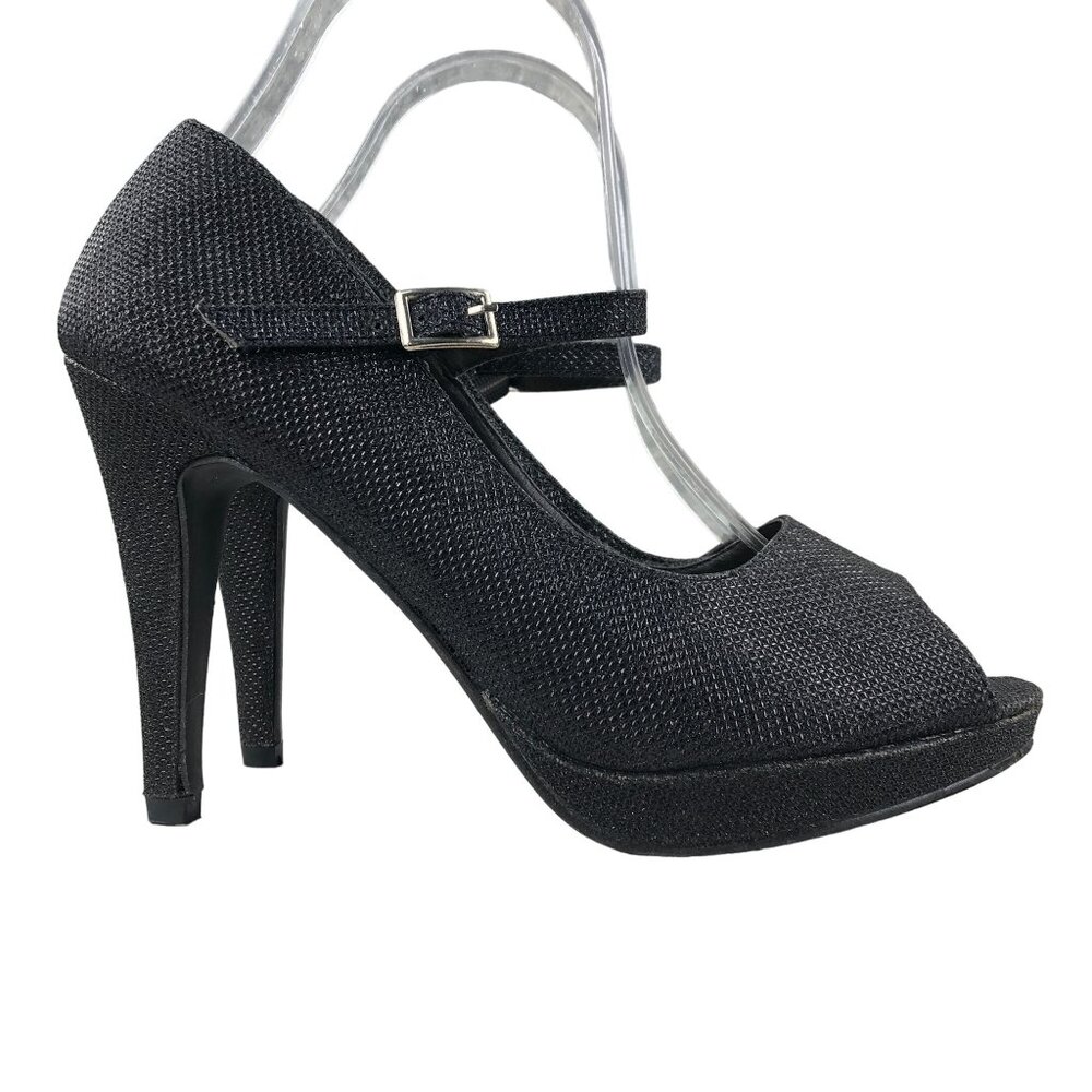 Styluxe Women's Size 7.5 Black Shimmer Open Toe Mary Jane Strap High Heels Pumps